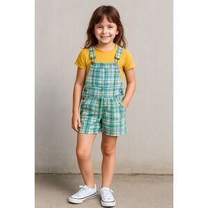 RACHELS KIDS Shorts Overalls Kids Size 10 Blue Green Plaid Cotton Bib Shortalls